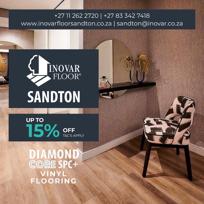 A sophisticated dressing area or entryway featuring Diamond Core SPC+ vinyl flooring with a 15% off discount badge.